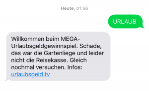 SMS-Nachricht bei MEGA-Urlaubsgeld Gewinnspiel-Teilnahme